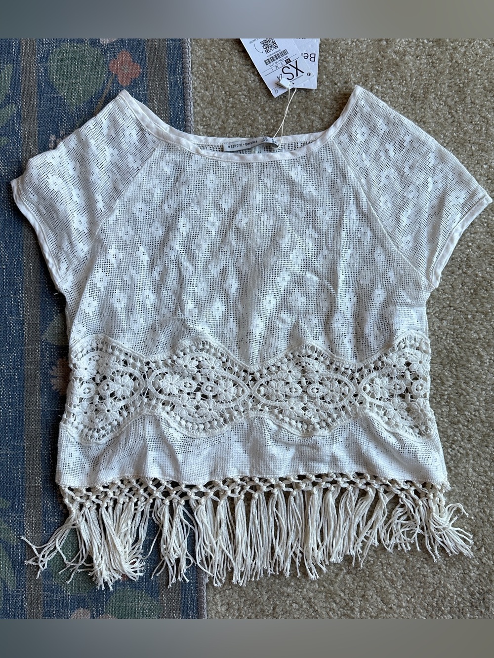 Bershka Cream Crochet Fringe Crop Top